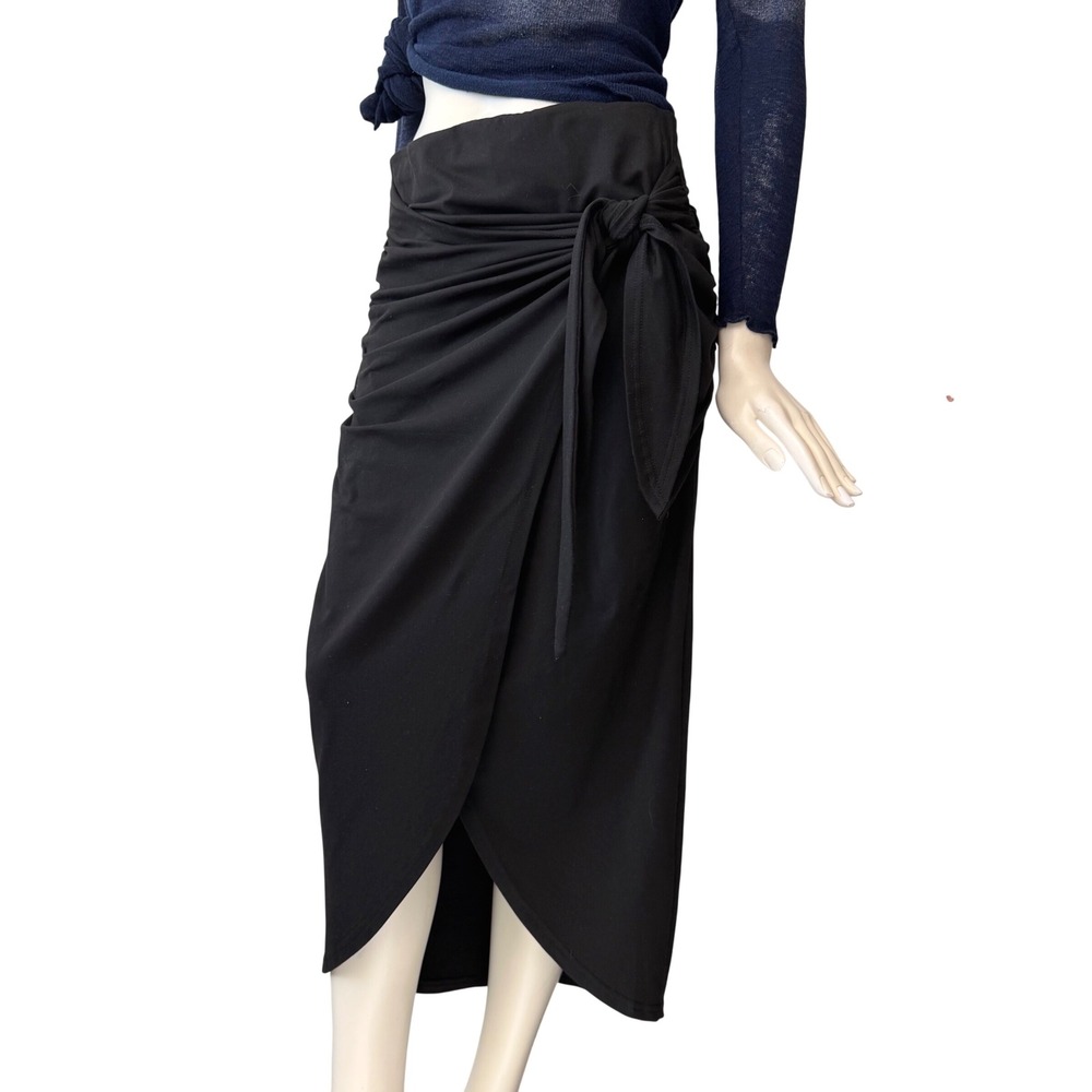 Midi Skirt Wrap Front Tie Waist Ruched Back Black Tulip Hem Minimalist Sexy  L